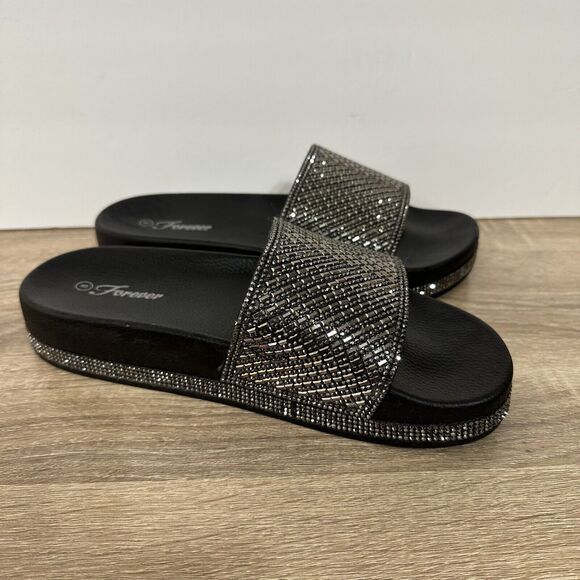 Forever Womens Slides Black Rhinestone Sandals Size 8 Slip On‎ Comfort Gemstones - Picture 5 of 7